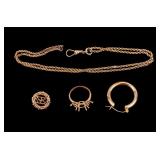 14K Watch Fob, Ring Mount, Pin, and Earring