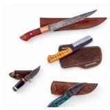 Handcrafted Damascus Steel Knives w/ Sheaths (4)