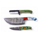Handcrafted Damascus Steel Knives w/ Sheaths (3)