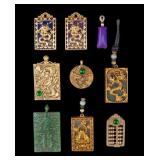 Chinese Gold Tone & Hardstone Pendants (9)