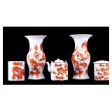 Chinese Antique Red Foo Dog Vases & Pots