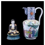 Chinese Famille Rose Ewer + Gautama Buddha Bookend