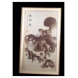 Chinese Foo Lion / Dog Family Watercolor Painting