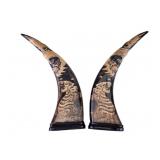 Scrimshaw Carved Horns (Pair)