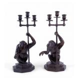 2 Bronze Monkey Candlesticks After Max Le Verrier