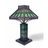 Arts & Crafts Green Slag Glass & Iron Table Lamp