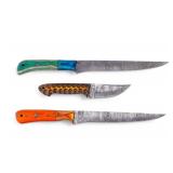 Handcrafted Damascus Steel Knives w/ Sheaths (3)