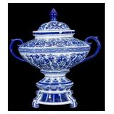 Chinese Blue & White Trophy-Style Urn on Stand