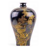 Black & Gilded Cranes Meiping Vase w/ Kangxi Mark