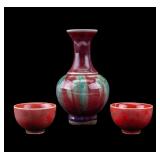 Chinese Sang De Bouef / Flambe Vase w/ Teacup Pair
