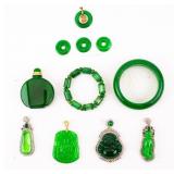 Chinese Green Hardstone Pendants, Bracelets, Snuff