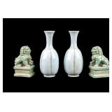 Chinese Celadon Foo Lion Statues + Lobed Vase Pair