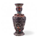 Tibetan Jeweled Metal Vase w/ Figural Accents