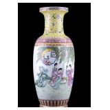 Chinese Famille Jaune Rouleau Vase w/ Garden Scene