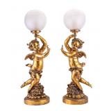 Pair, Cherub Lamps w/ White Globe Shades