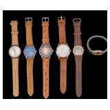 5 Watches w/ Leather Straps, 1 Helbros Stainless