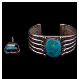 Sterling Silver Turquoise Signed Bracelet, Pendant