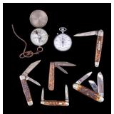 Vintage Pocket Knives, Compass, and Stop Watch