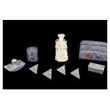 Chinese Decorated Pewter Desk Set + Asian Figurine