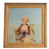 Large Petit Point Early Tapestry Woman w/ Birds