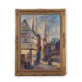 19th C Impressionist Oil on Burlap, Town Church