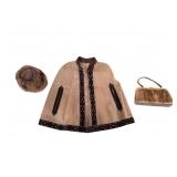 Vintage Suede Cape, Fur Purse and Hat
