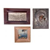 Russian 3-D Icon, Oil on Board, & Bas-Relief Art