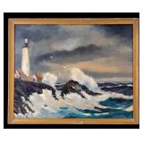 W. H Millett Lighthouse in Storm Oil Painting
