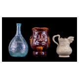 Aqua Glass Bottle and Early Ceramic Pitchers