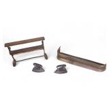 General Store Spool, Fireplace Fender, Sad Irons