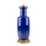 French Blue Vase with w/Bronze Base