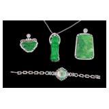 Carved Green Hardstone Pendants and Bracelet