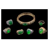 Green Stone Accented Rings and Bracelet