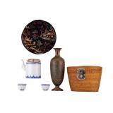Early Asian Brass Vase, Tea Set, Silk Textile