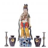 Hand Painted Wood Guanyin Carving & Early Vases +