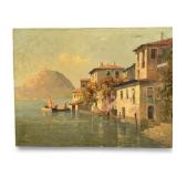 Signed Italian Lakeside Village Scene, O/C