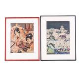 Two Early 20th C Japanese Woodcut Prints, Framed