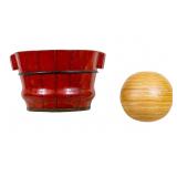 Antique Asian Lacquered Apple Bucket + Wood Sphere