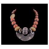 Tribal-Style Mixed Bead Necklace w/ Silver Pendant