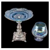 Bohemian Moser Compote and Iridescent Vase