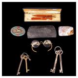 Sheaffer Pen Set, Belt Buckles, and Eye Glasses