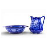 Flow Blue Ironstone Pitcher & Centerpiece Bowl