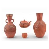 Japanese 4pc. Clay Pottery w/ Teapot, Vases