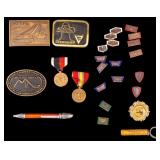 Vintage Brass Belt Buckles, Medals, and Pins