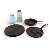 Antique Cast Iron Kitchenware, Mason Jars, Crate