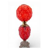 Vintage Red Glass Table Lamp w, Ornate Metal Base