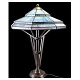 MCM 3-Light Table Lamp w/ Leaded Glass Shade