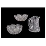 Early Cut Crystal Pitcher, Decorated Bowls (3 Pc)