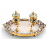 Antique French Marble and Enamel Double Inkwell