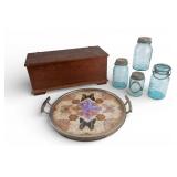 Pressed Butterfly Tray, Vintage Wood Box, Ball Jar